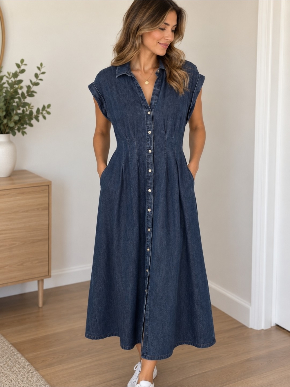 Gap- Women’s Dark Blue Denim Button-Front Long Dress